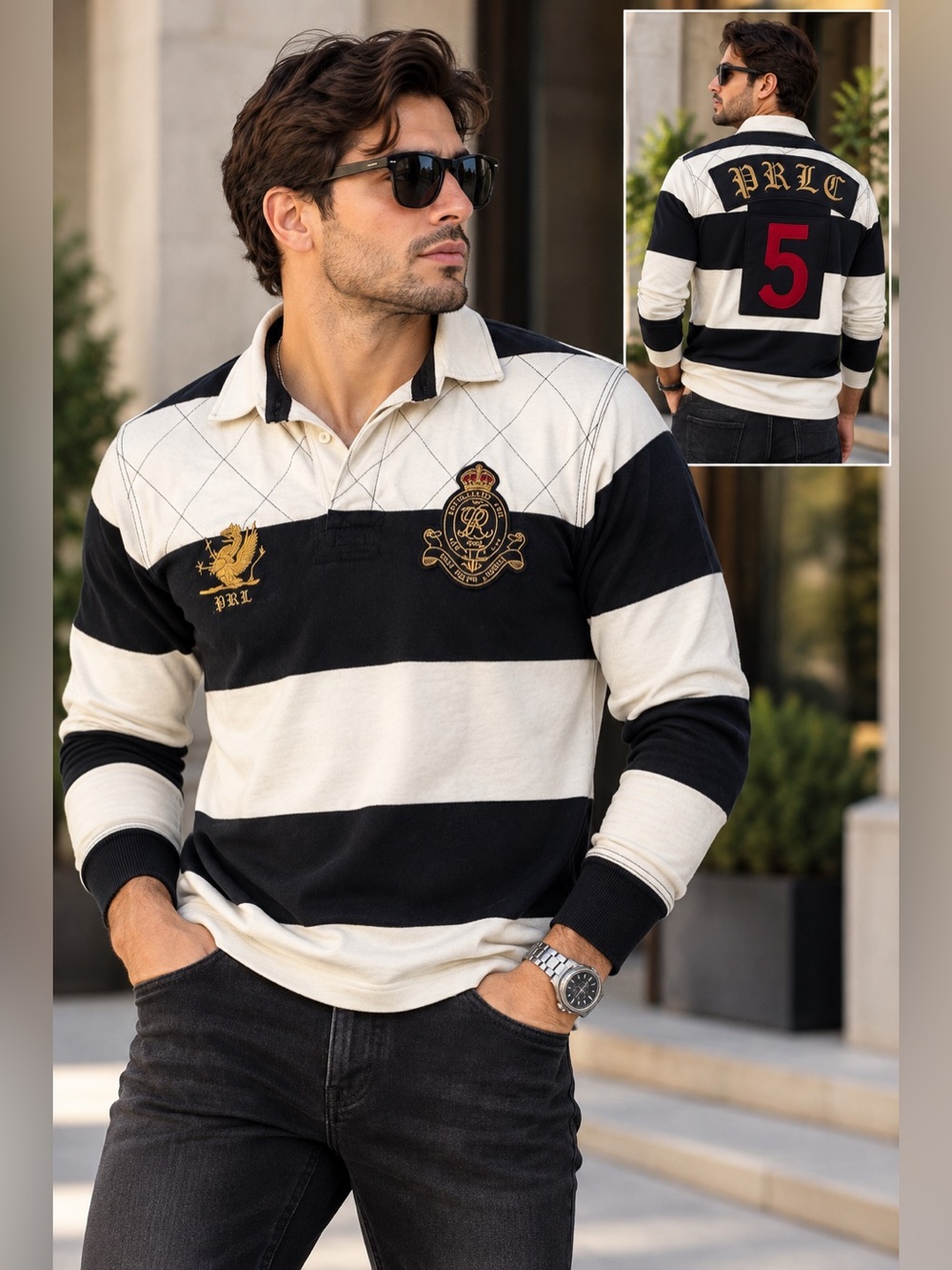 Polo by Ralph Lauren Rugby Shirt Size M Black White Crest Custom Fit Vintage 90s